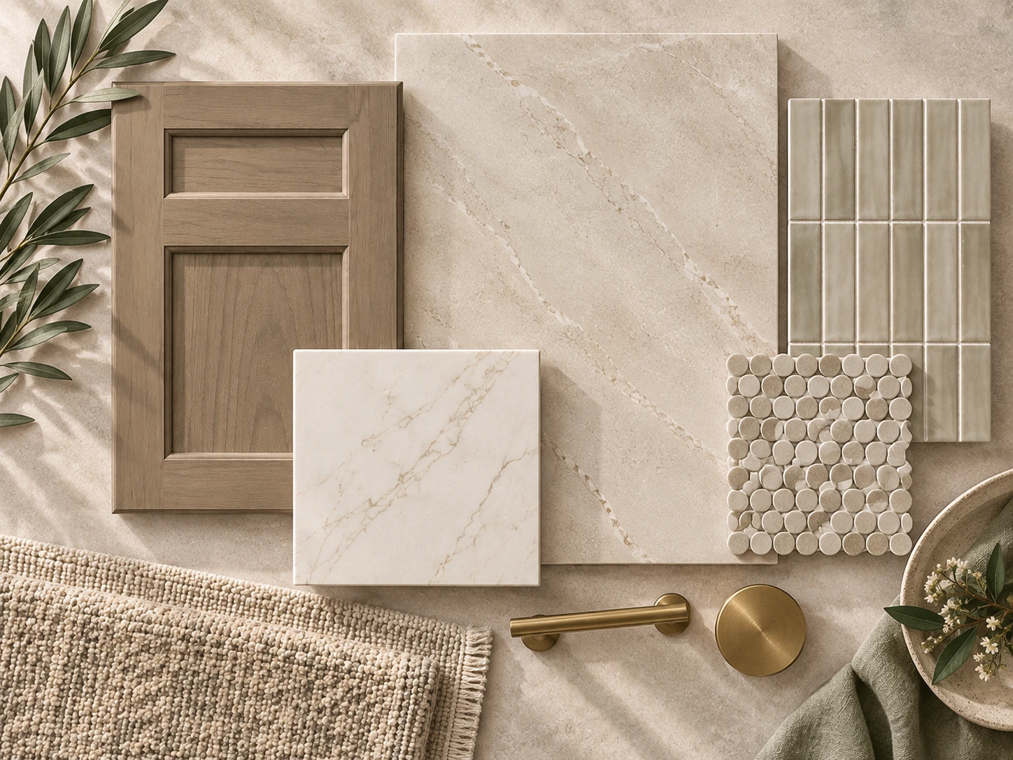 Bathroom material palette with tile, stone, cabinetry and finish samples