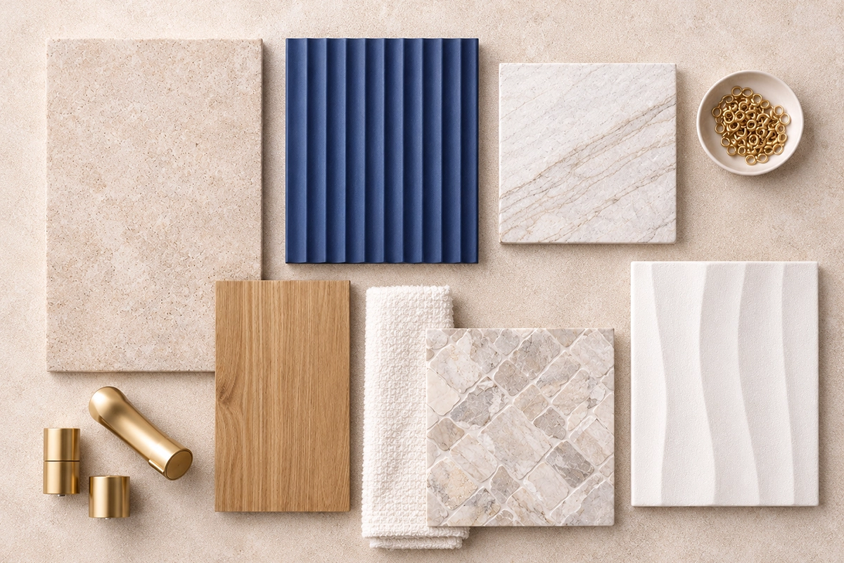 coordinated bathroom tile, countertop, cabinet and shower material palette