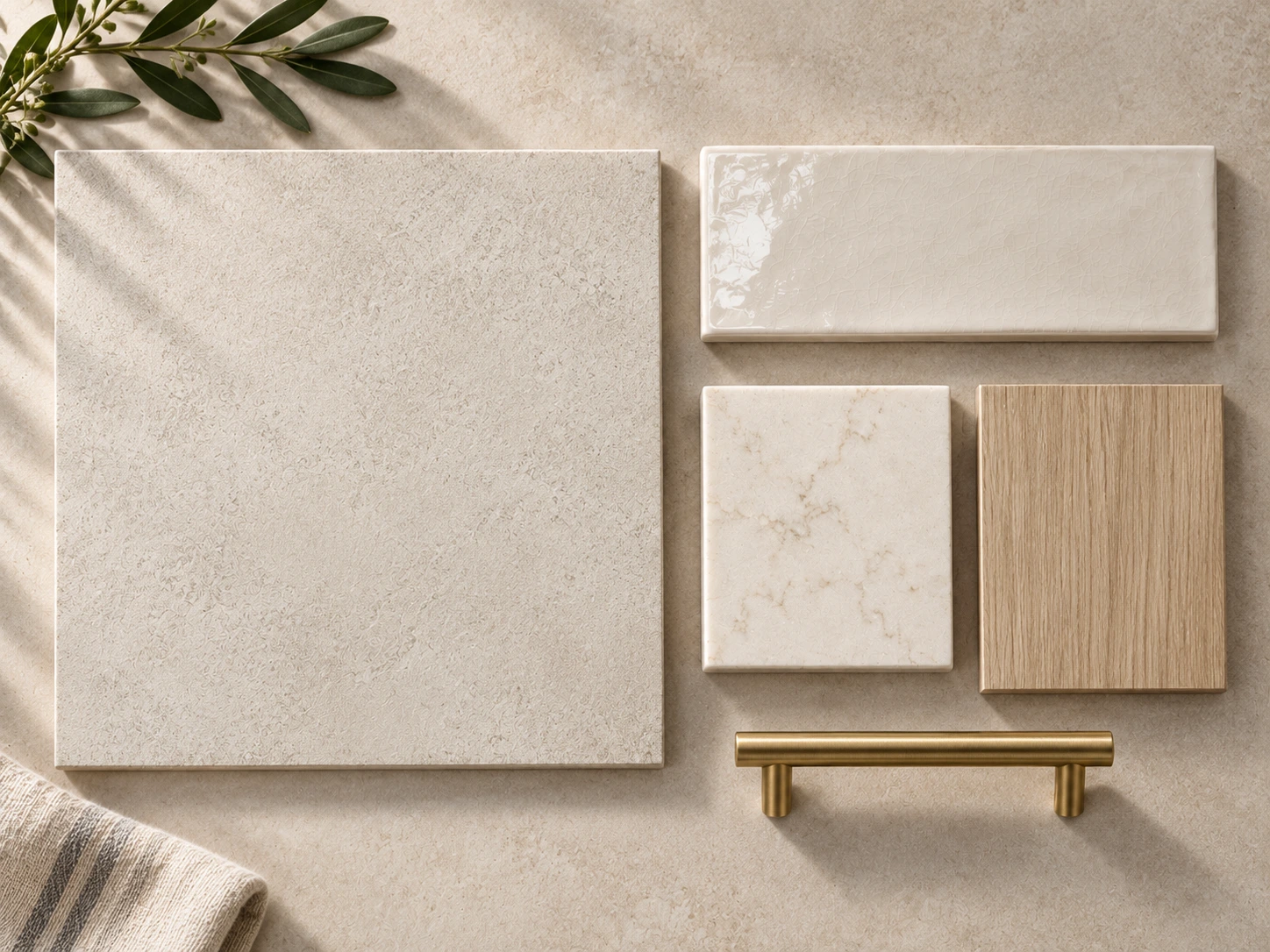 Bathroom material palette combining matte, glazed and textured finishes