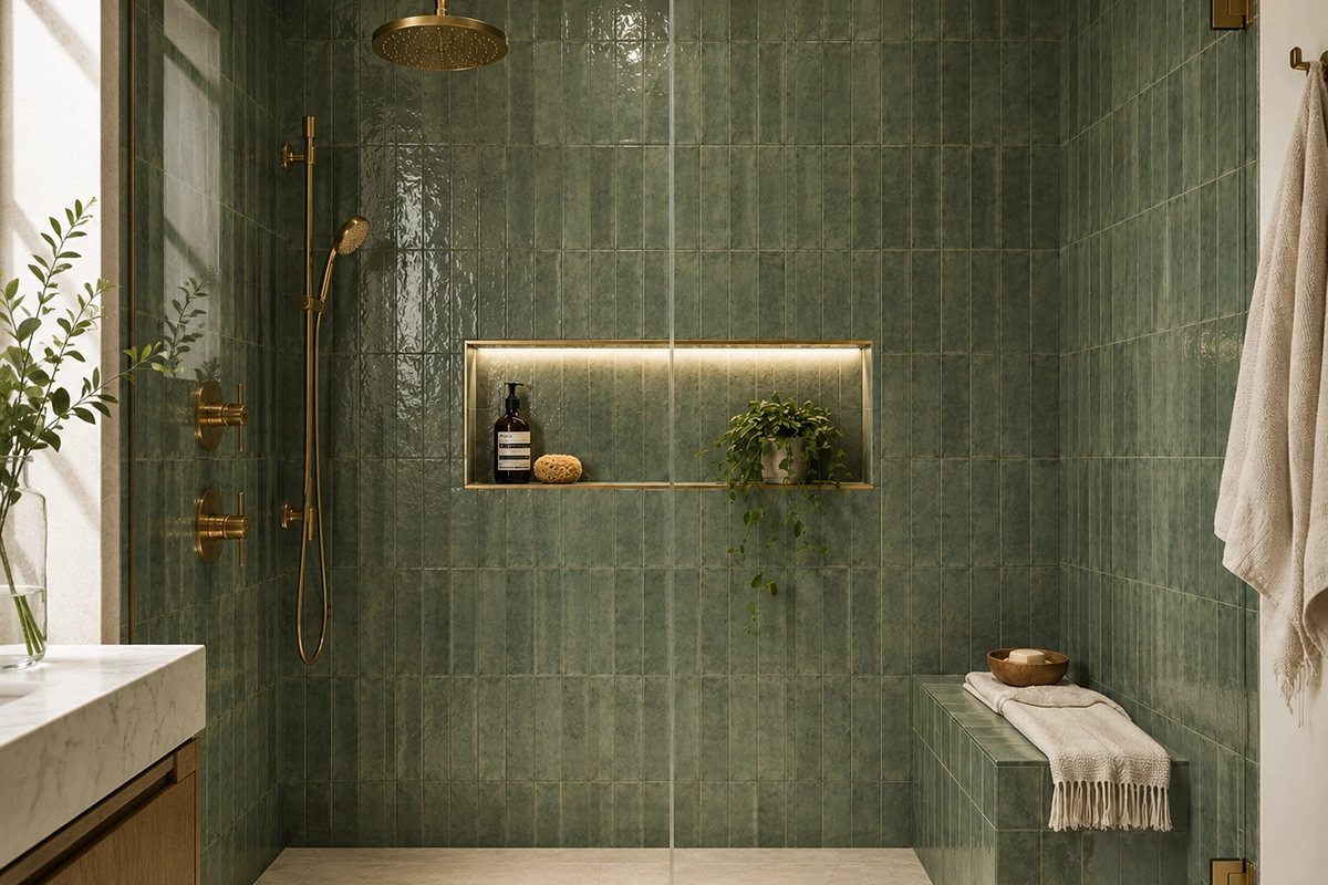 walk-in shower with large-format wall tile, mosaic floor and recessed niche