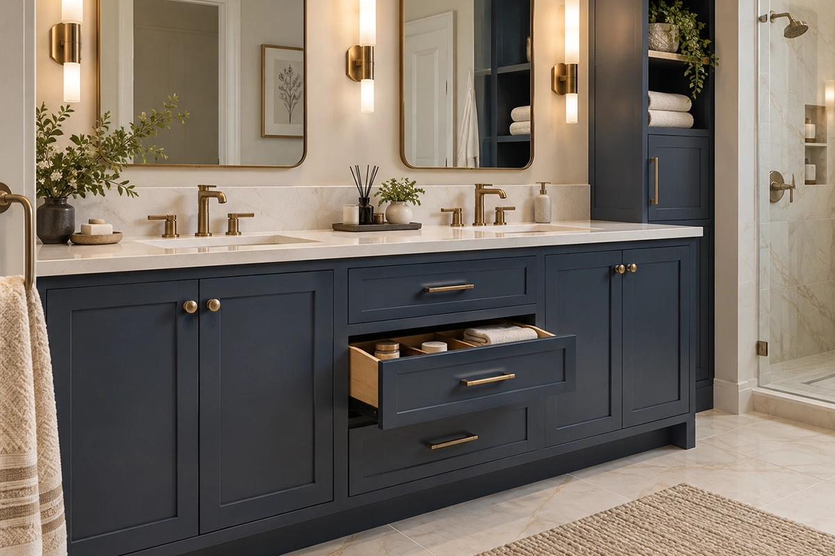 navy double bathroom vanity with open storage drawer and white countertop