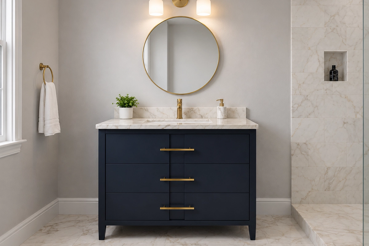 double bathroom vanity with drawer storage and coordinated countertop