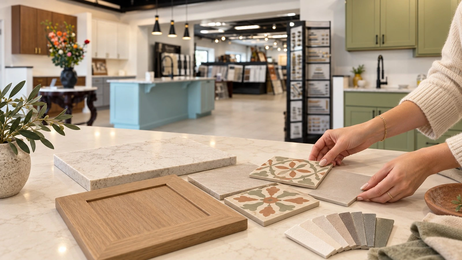 tile and finish samples arranged together on a showroom consultation table.