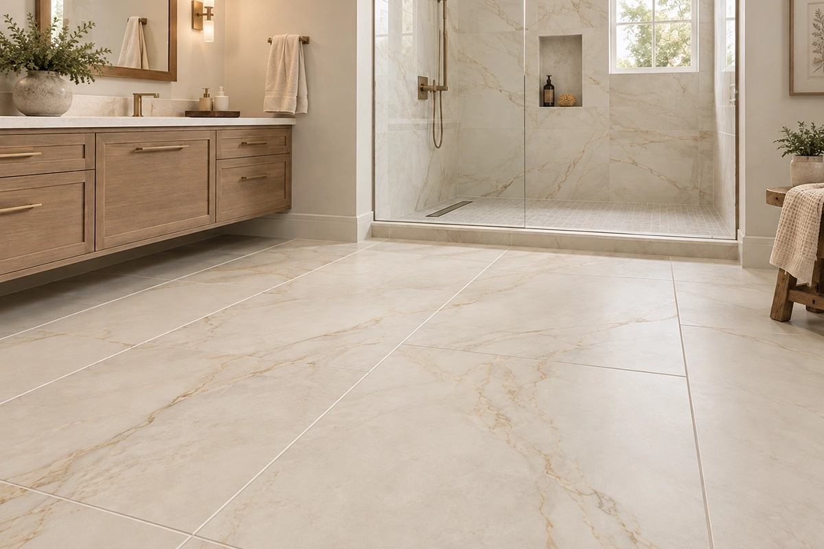 large-format white stone-look bathroom floor tile transitioning into a walk-in shower