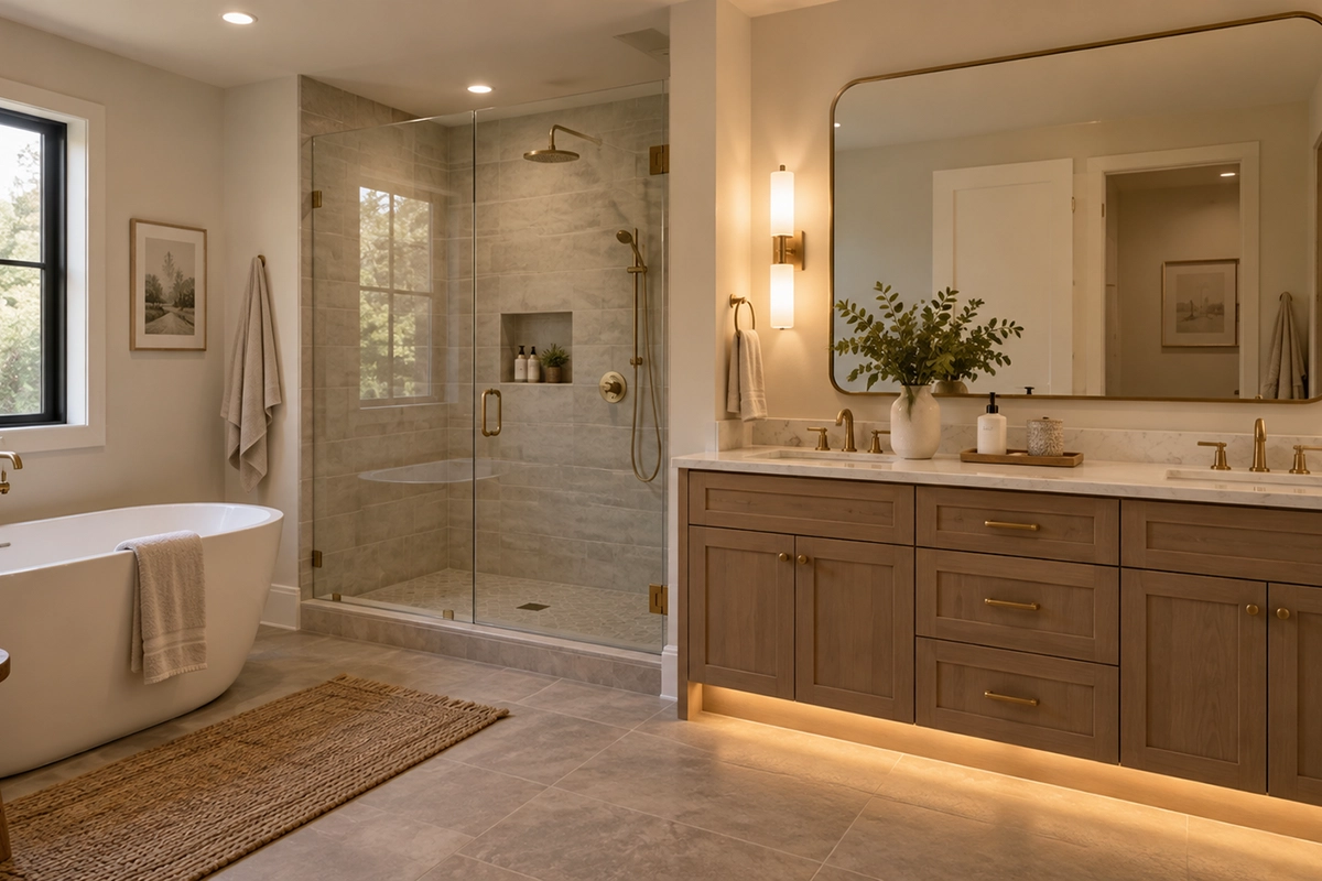 bathroom with natural daylight, vanity lighting and under-vanity accent lighting
