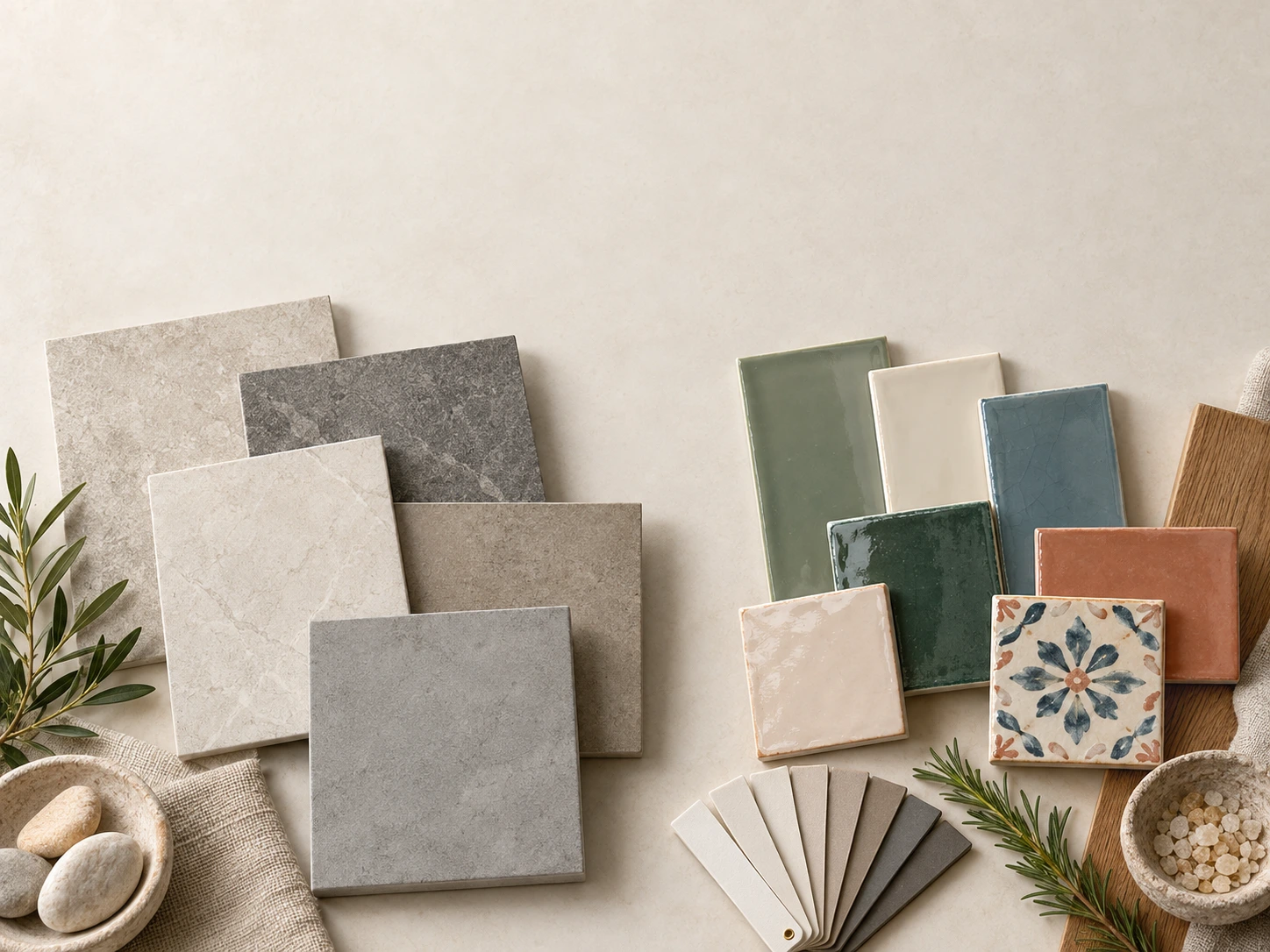 modern porcelain and glazed ceramic tiles Porcelain and ceramic tile samples in stone-look, concrete-look, and glazed finishes.