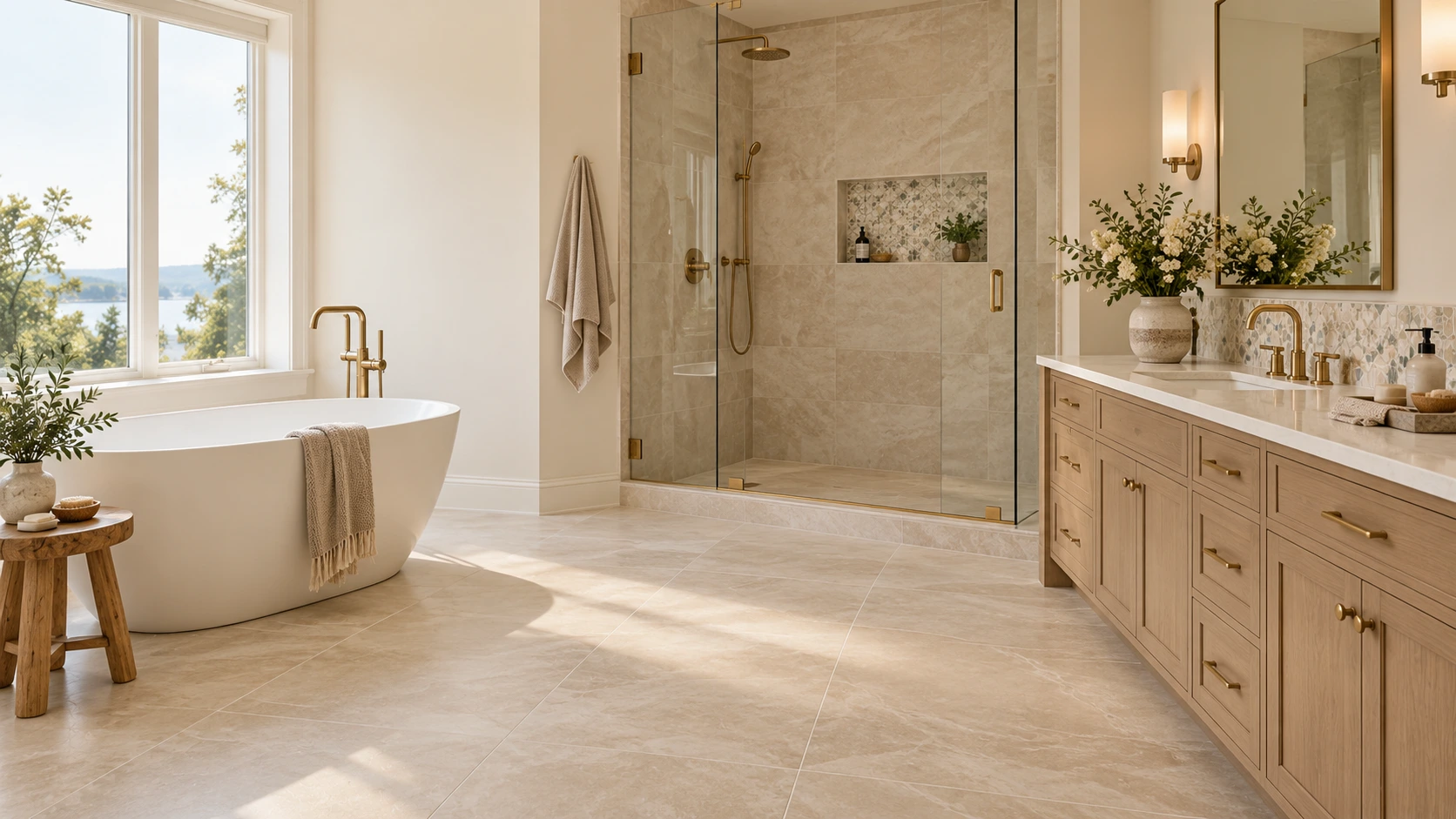 Bathroom featuring large-format floor tile and a decorative tile accent.