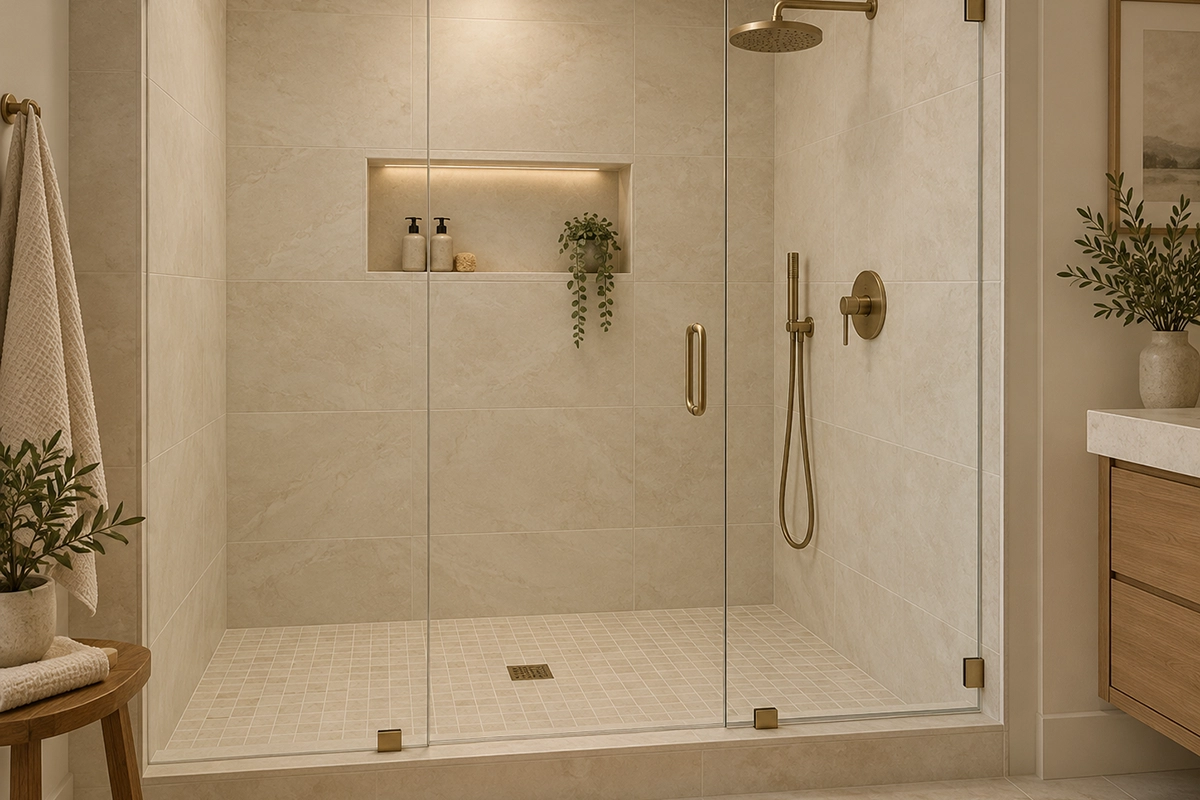 walk-in shower with large wall tile, white mosaic floor, recessed niche and brass fixtures