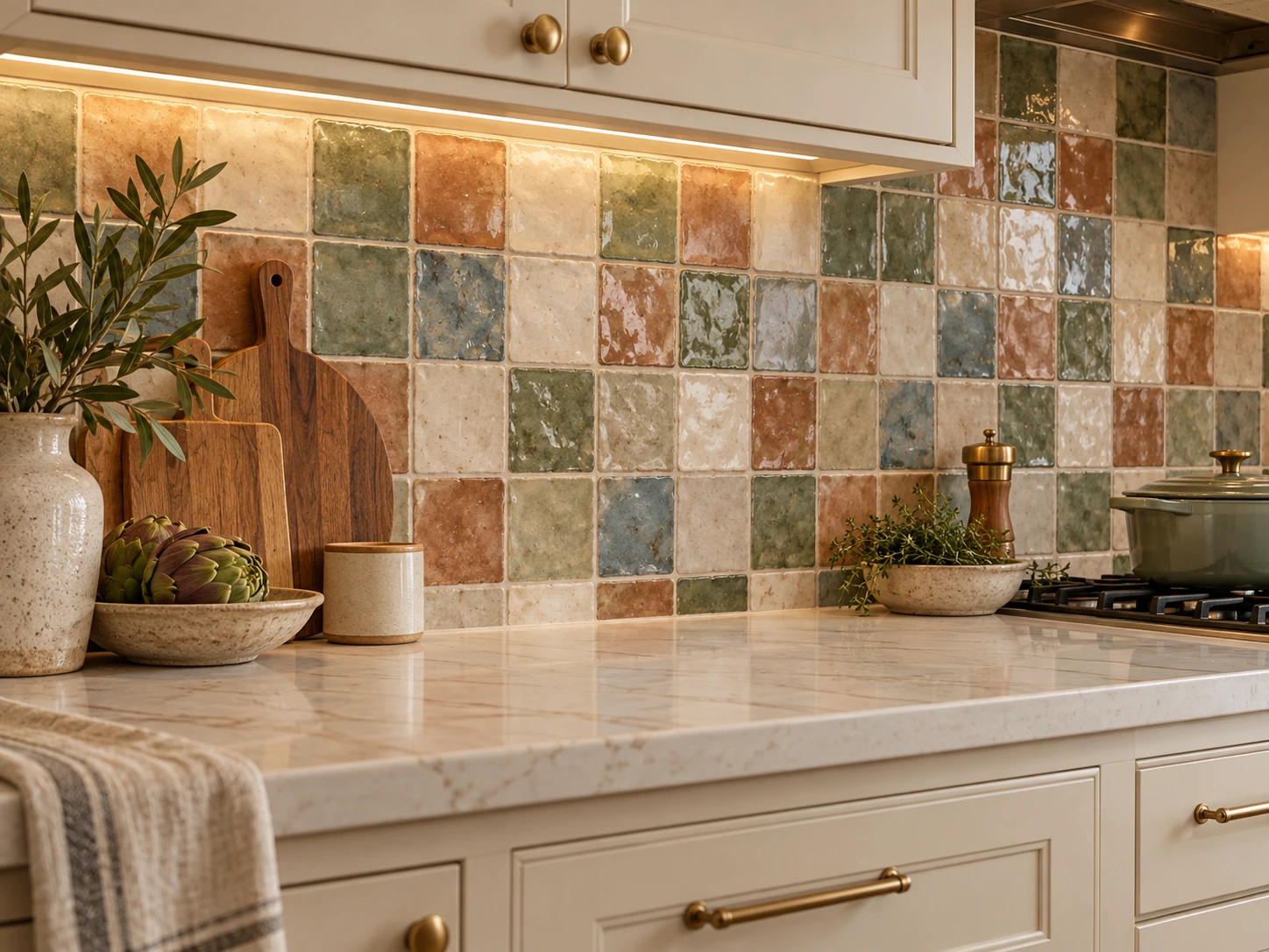 warm artisan kitchen backsplash Glossy sage ceramic tile backsplash above a pale kitchen countertop.