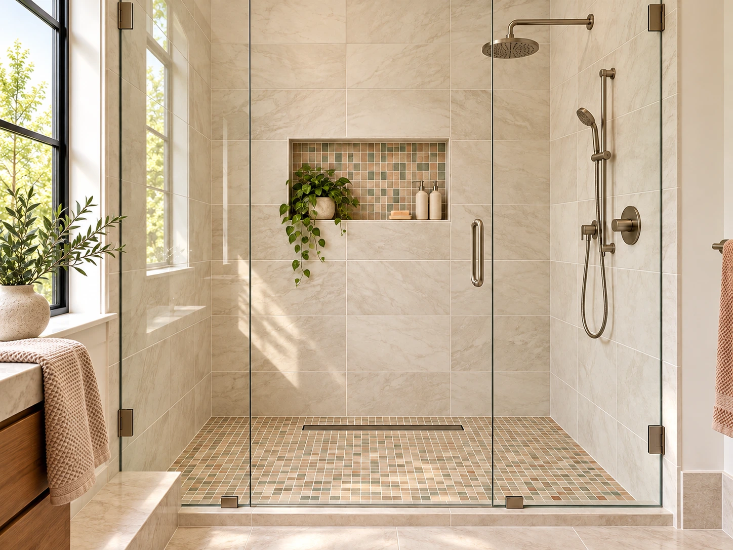 warm ivory and sage shower oasis Walk-in shower with large wall tile, mosaic shower floor, and a tiled niche.