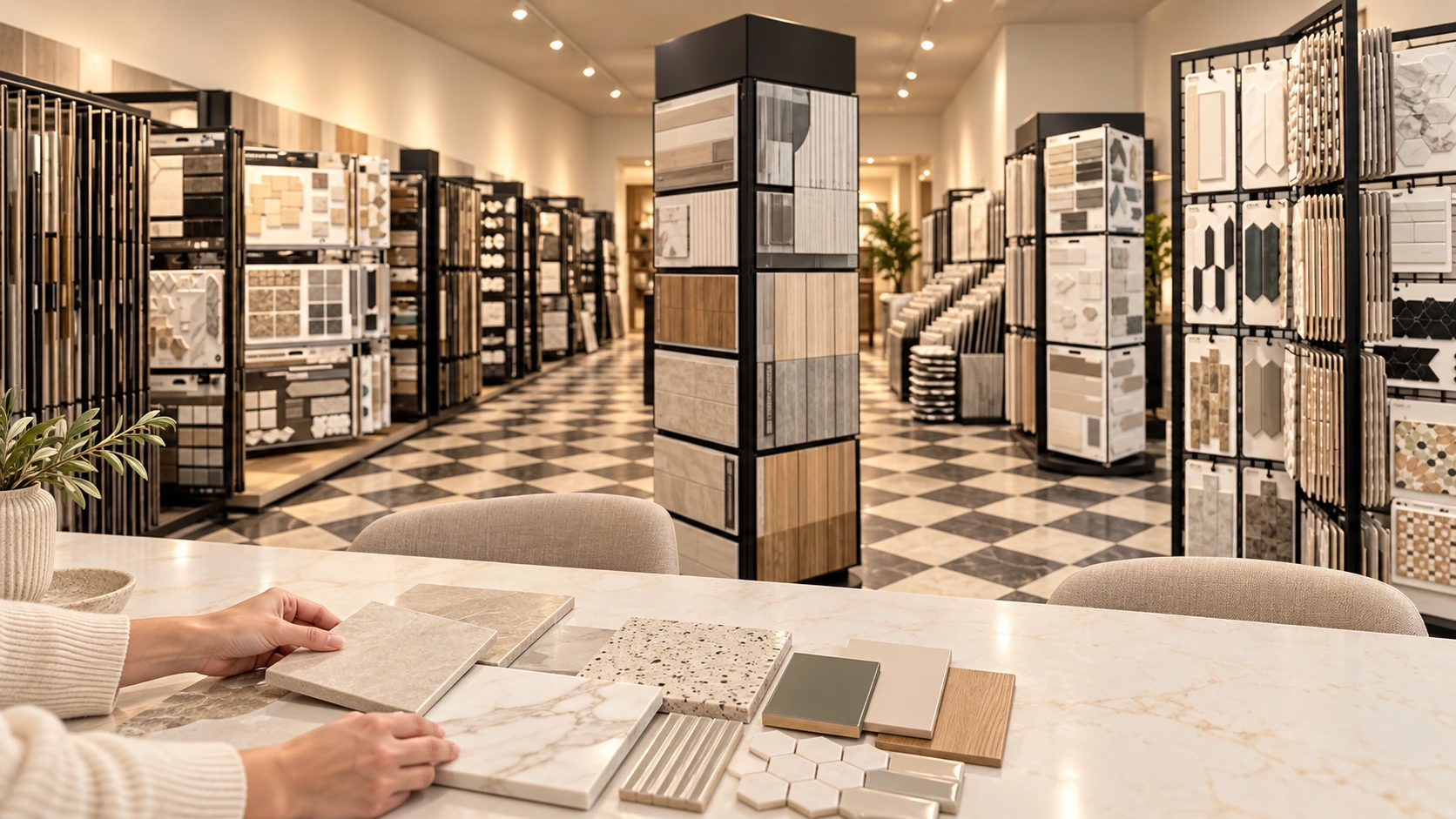 warm tile showroom styling session Tile samples compared with cabinet and countertop samples in a design showroom.